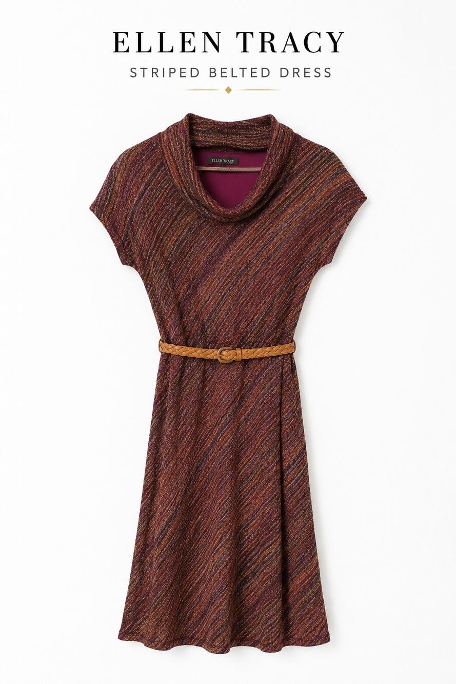 Ellen Tracy Multicolor Striped Belted Sweater Dress Small Mock Neck Fall